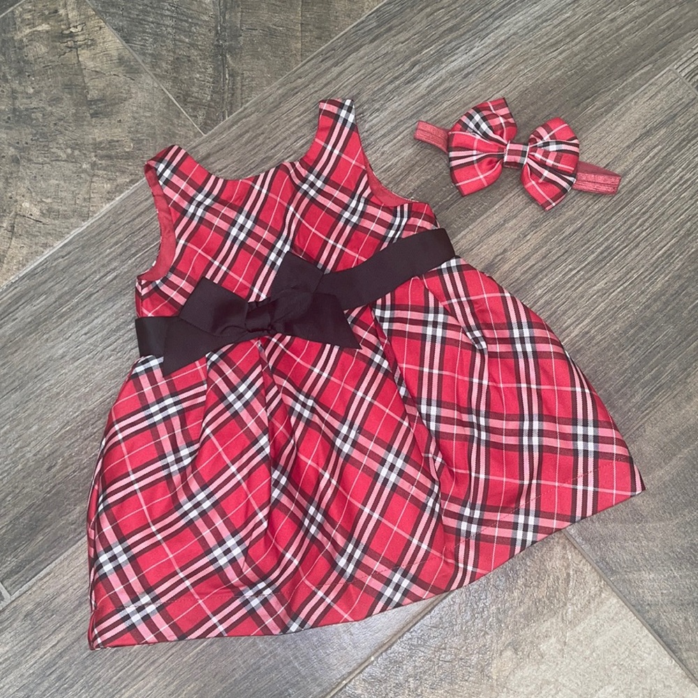 Red Plaid Dress with Tulle Lining and Matching Bow Headband